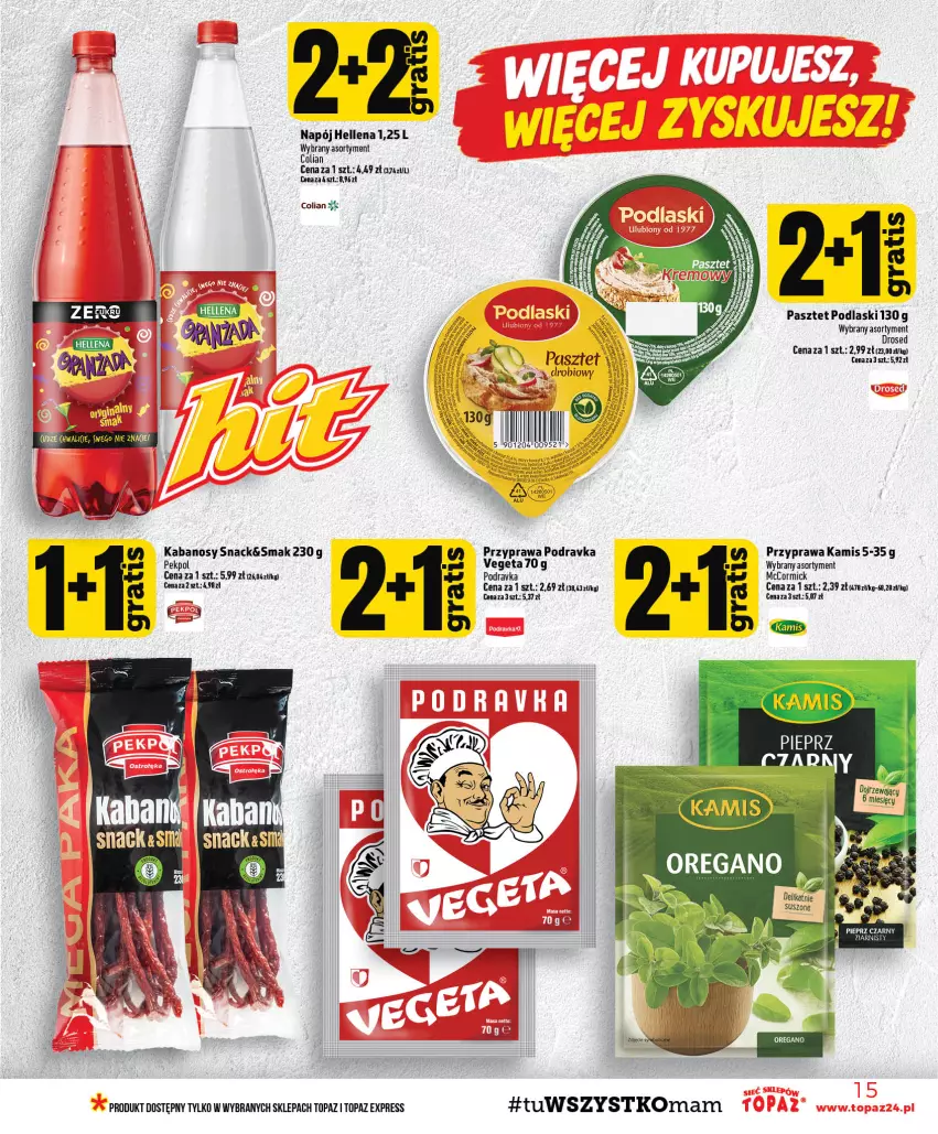 Gazetka promocyjna Topaz - Gazetka - ważna 22.10 do 28.10.2026 - strona 15 - produkty: Hellena, Kabanos, Kamis, Napój, Pasztet, Pieprz, Podlaski, Podravka, Top
