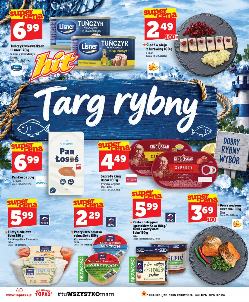 Gazetka promocyjna Topaz - Gazetka - ważna 22.10 do 28.10.2026 - strona 40 - produkty: Dorsz, Dorsz wędzony, Kawa, Lisner, Papryka, Paprykarz, Pstrąg, Sałat, Sałatka, Salsa, SEKO, Sos, Suempol, Szprot, Top, Tuńczyk, Warzywa