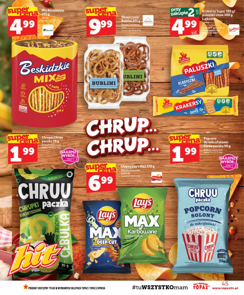 Gazetka promocyjna Topaz - Gazetka - ważna 22.10 do 28.10.2026 - strona 45 - produkty: Beskidzki, Chipsy, Chrupki, Fa, Krakersy, Lajkonik, LG, Sezam, Top