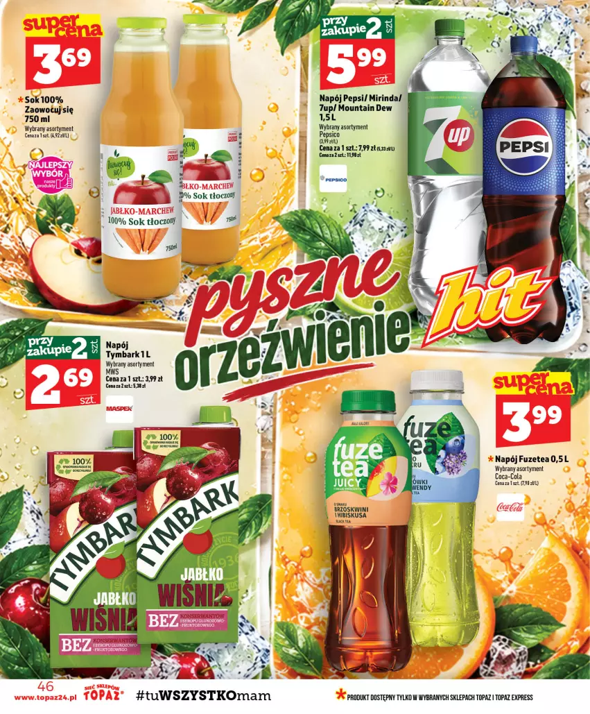 Gazetka promocyjna Topaz - Gazetka - ważna 22.10 do 28.10.2026 - strona 46 - produkty: 7up, Coca-Cola, Hibiskus, Mirinda, Napój, Pepsi, Ser, Sok, Top, Tymbark