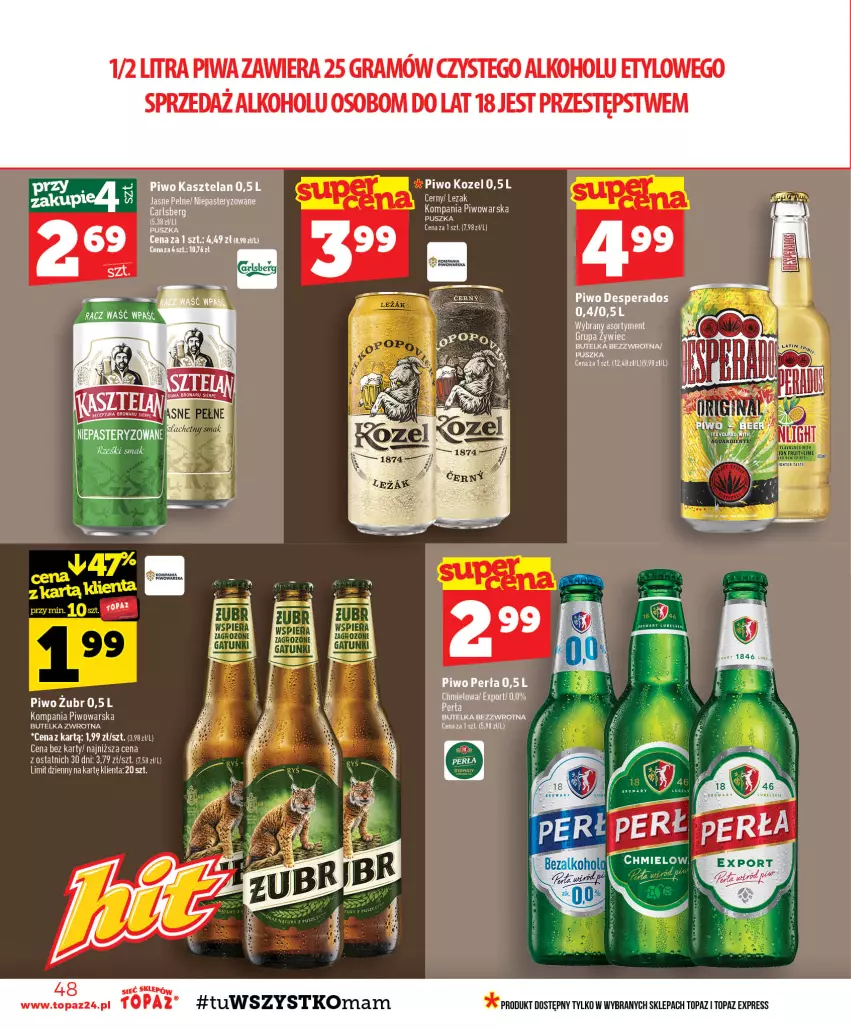 Gazetka promocyjna Topaz - Gazetka - ważna 22.10 do 28.10.2026 - strona 48 - produkty: Carlsberg, Desperados, Fa, Gra, Kasztelan, Kozel, Perła, Piwa, Piwo, Top