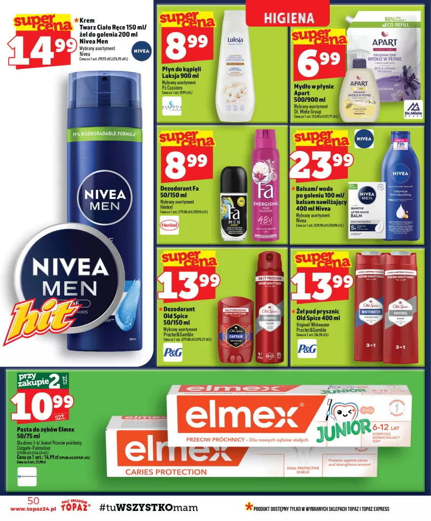 Gazetka promocyjna Topaz - Gazetka - ważna 22.10 do 28.10.2026 - strona 50 - produkty: Dezodorant, Fa, Gin, Luksja, Mydło, Mydło w płynie, Nivea, Nivea Men, Old Spice, Top, Woda