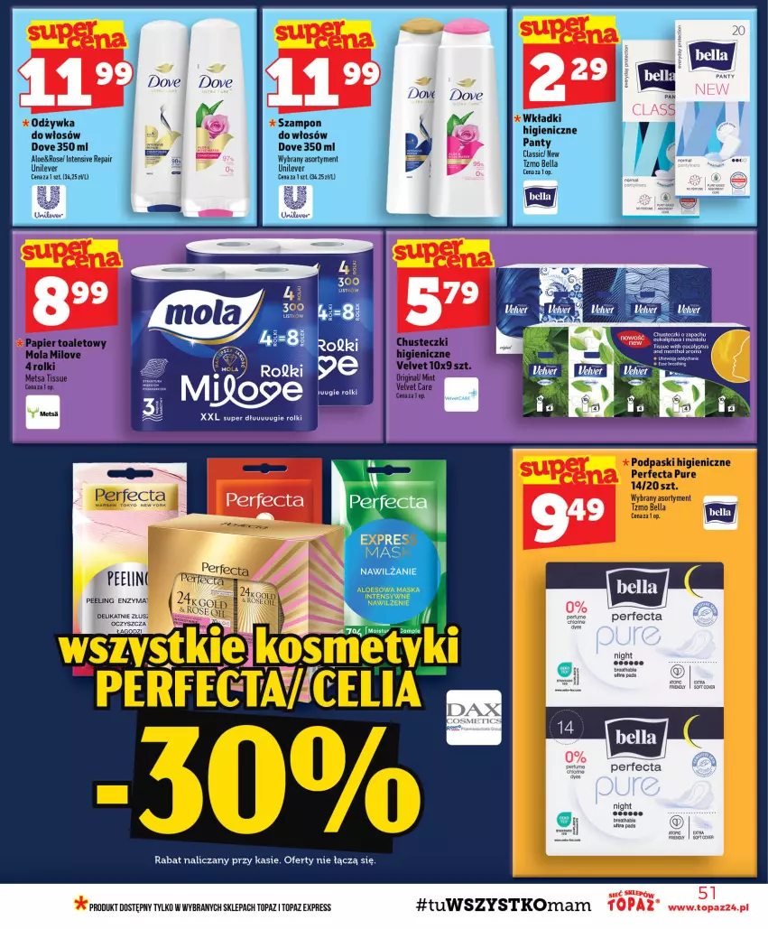 Gazetka promocyjna Topaz - Gazetka - ważna 22.10 do 28.10.2026 - strona 51 - produkty: DAX, Dove, Gin, Maska, Mola, Odżywka, Papier, Perfecta, Rolki, Szampon, Top, Velvet
