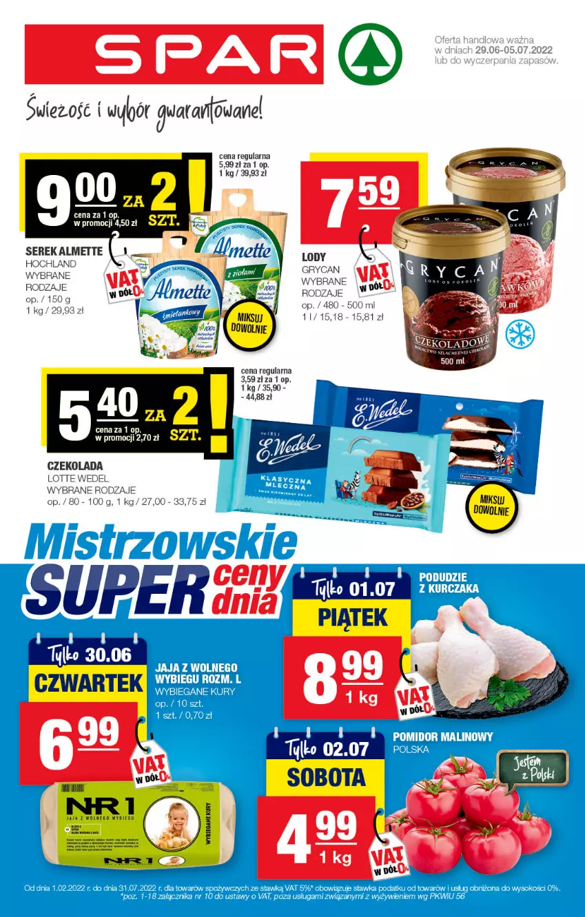 Gazetka promocyjna Spar - Spar - ważna 26.06 do 06.07.2022 - strona 1 - produkty: Almette, Czekolada, Hochland, Ser, Serek