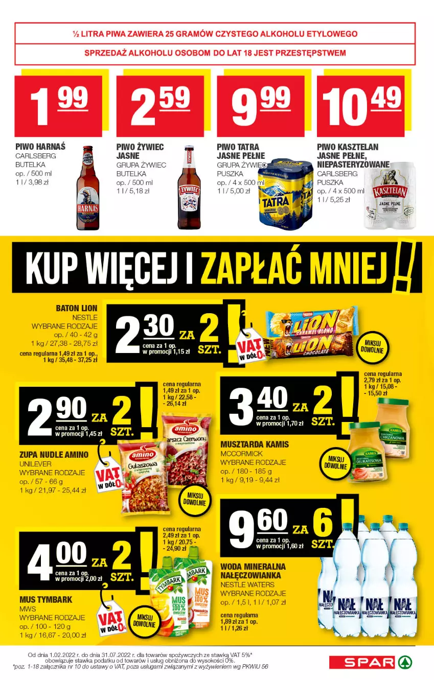 Gazetka promocyjna Spar - Spar - ważna 26.06 do 06.07.2022 - strona 7 - produkty: Baton, Carlsberg, Kamis, Kasztelan, Lion, Mus, Musztarda, Nałęczowianka, Piwo, Sok, Tatra, Woda, Woda mineralna, Zupa