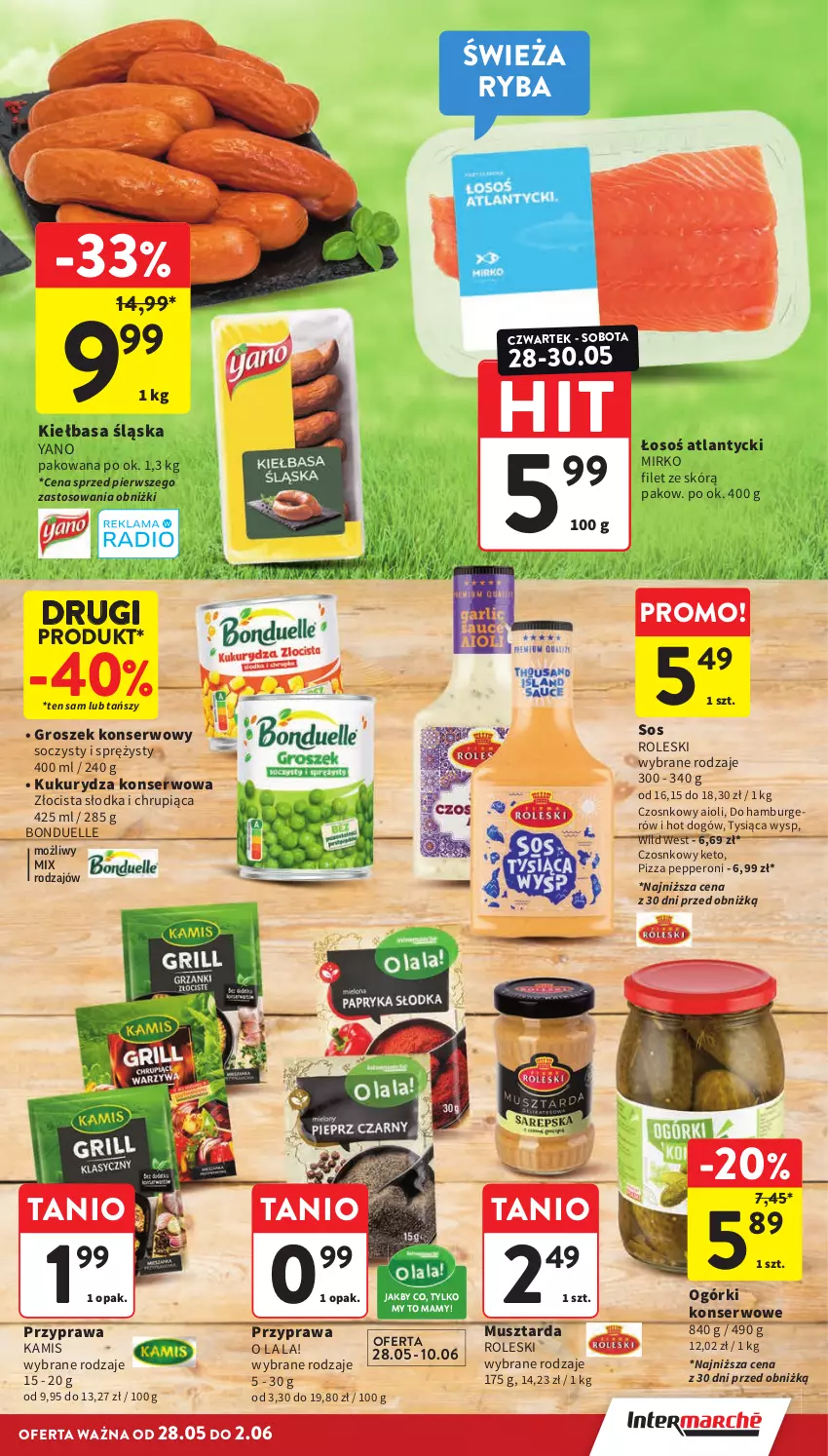 Gazetka promocyjna Intermarche - Gazetka promocyjna - ważna 28.05 do 02.06.2026 - strona 13 - produkty: Bonduelle, Burger, Groszek, Hamburger, Hot dog, Kamis, Kiełbasa, Kiełbasa śląska, Kukurydza, Kukurydza konserwowa, Mus, Musztarda, Ogórki konserwowe, Pizza, Ryba, Ser, Sos