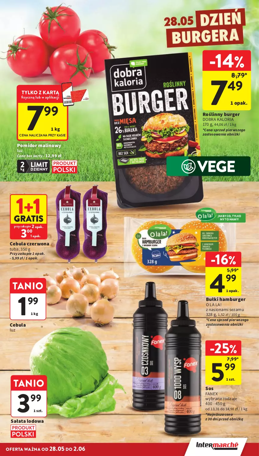 Gazetka promocyjna Intermarche - Gazetka promocyjna - ważna 28.05 do 02.06.2026 - strona 15 - produkty: Burger, Cebula, Cebula czerwona, Fa, Gra, Hamburger, Pomidor malinowy, Roślinny burger, Sałat, Sałata lodowa, Sezam, Sos