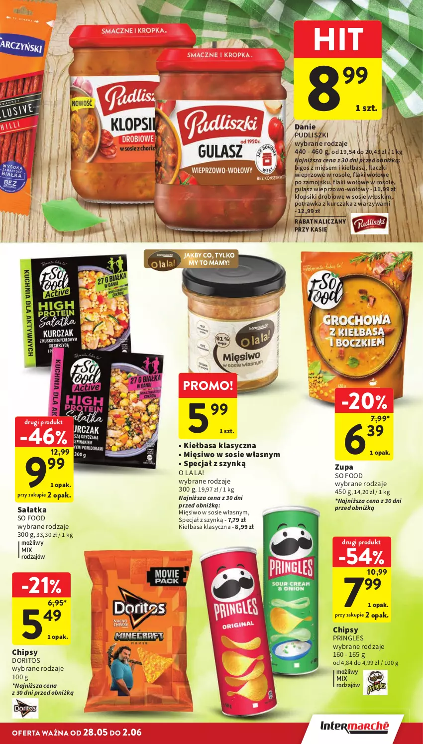 Gazetka promocyjna Intermarche - Gazetka promocyjna - ważna 28.05 do 02.06.2026 - strona 29 - produkty: Bigos, Chipsy, Flaki, Flaki wołowe, Kiełbasa, Klopsiki, Kurczak, Pringles, Pudliszki, Sałat, Sałatka, So Food, Sos, Warzywa, Zupa