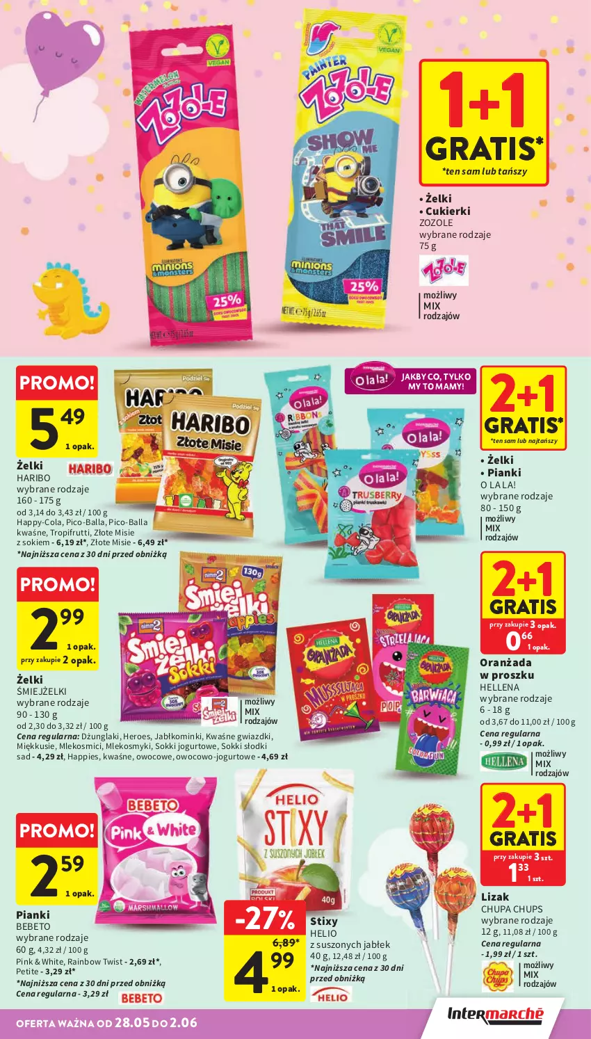 Gazetka promocyjna Intermarche - Gazetka promocyjna - ważna 28.05 do 02.06.2026 - strona 3 - produkty: Chupa Chups, Cukier, Cukierki, Gra, Haribo, Helio, Hellena, Jogurt, Mleko, Oranżada, Pico-Balla, Sok