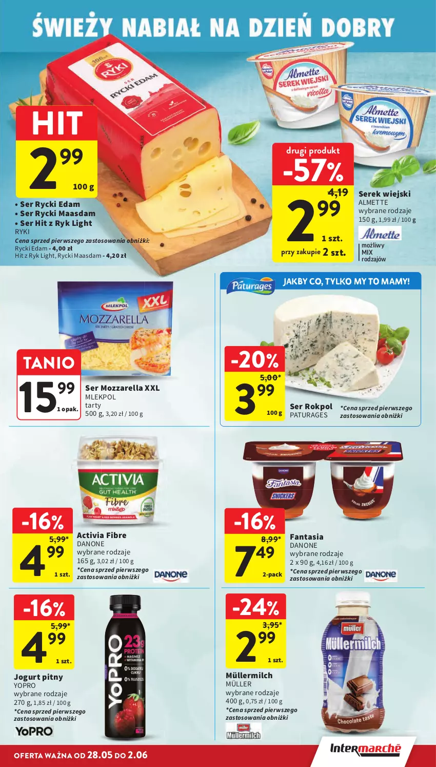 Gazetka promocyjna Intermarche - Gazetka promocyjna - ważna 28.05 do 02.06.2026 - strona 31 - produkty: Activia, Almette, Danone, Edam, Fa, Fanta, Jogurt, Jogurt pitny, Maasdam, Mozzarella, Müller, Müllermilch, Rokpol, Rycki Edam, Ser, Serek, Serek wiejski