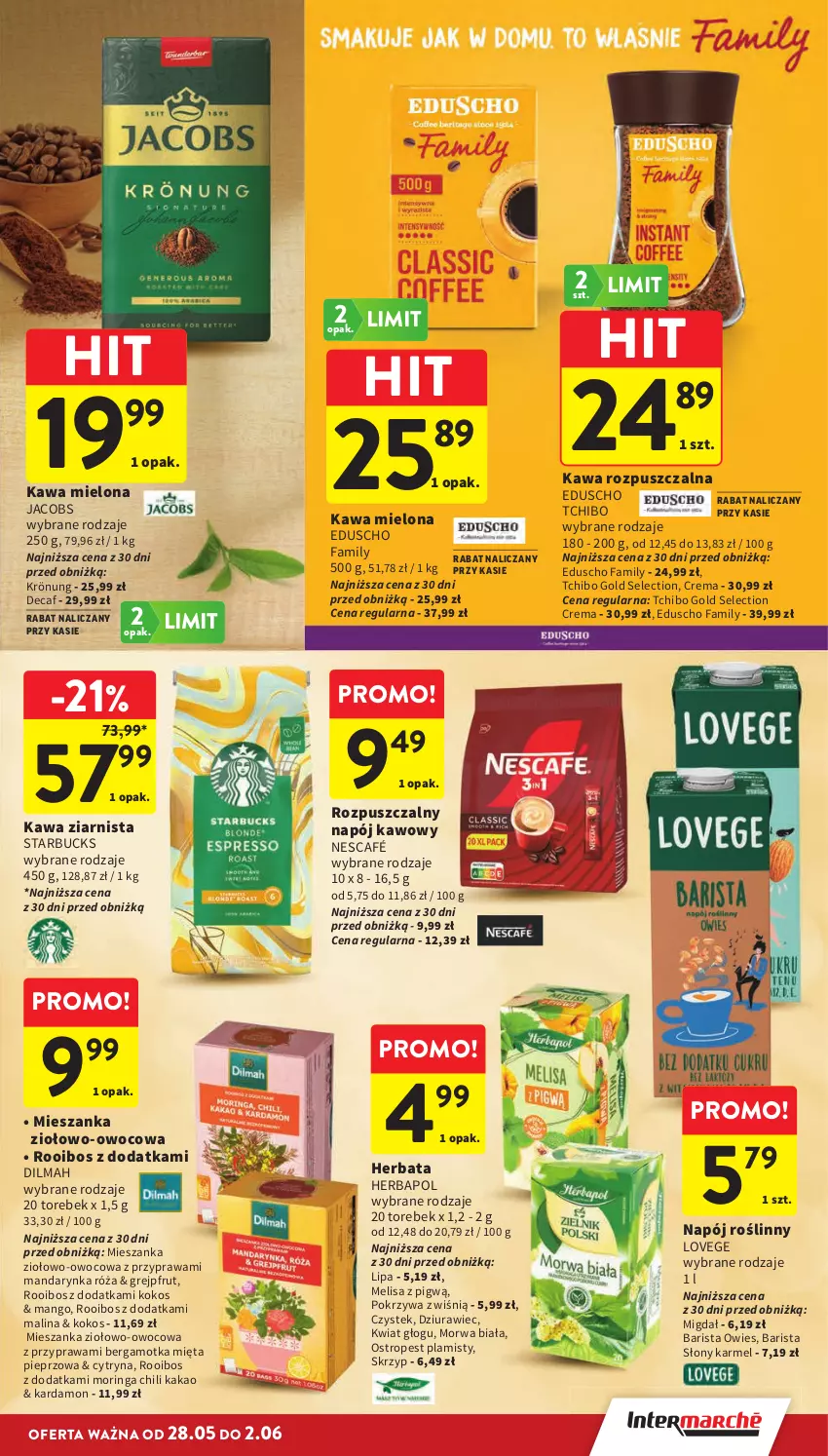 Gazetka promocyjna Intermarche - Gazetka promocyjna - ważna 28.05 do 02.06.2026 - strona 37 - produkty: Dilmah, Fa, Grejpfrut, Herbapol, Herbata, Jacobs, Kakao, Kawa, Kawa mielona, Kawa rozpuszczalna, Kawa ziarnista, Kokos, Mango, Mięta, Napój, Napój roślinny, Nescafé, Ostropes, Pieprz, Róża, Stek, Tchibo