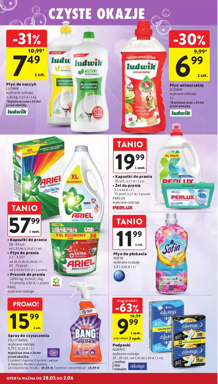 Gazetka promocyjna Intermarche - Gazetka promocyjna - ważna 28.05 do 02.06.2026 - strona 42 - produkty: Always, Ariel, Cillit Bang, Dezynfekcja, Kapsułki do prania, Ludwik, Płyn do płukania, Płyn do prania, Podpaski, Proszek do prania, Spray do czyszczenia