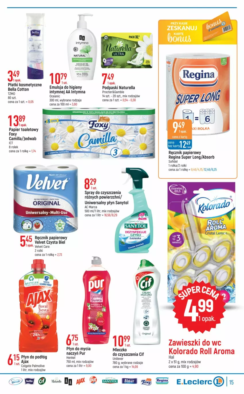 Gazetka promocyjna E Leclerc - ważna 02.11 do 12.11.2022 - strona 15 - produkty: Ajax, Bell, Bella, Cif, Colgate, Do mycia naczyń, Emulsja, Foxy, Gin, Kolorado, LG, Mleczko, Naturell, Naturella, Palmolive, Papier, Papier toaletowy, Płatki kosmetyczne, Płyn do mycia, Płyn do mycia naczyń, Podpaski, Pur, Rama, Ręcznik, Rolki, Rum, Sanytol, Tera, Velvet, Zawieszki