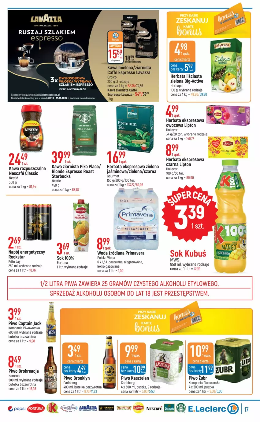 Gazetka promocyjna E Leclerc - ważna 02.11 do 12.11.2022 - strona 17 - produkty: BIC, Captain Jack, Carlsberg, Dilmah, Fortuna, Herbapol, Herbata, Kasztelan, Kawa, Kawa mielona, Kawa rozpuszczalna, Kawa ziarnista, LANA, Lavazza, Lipton, Napój, Napój energetyczny, Piwo, Prima, Primavera, Sok, Woda