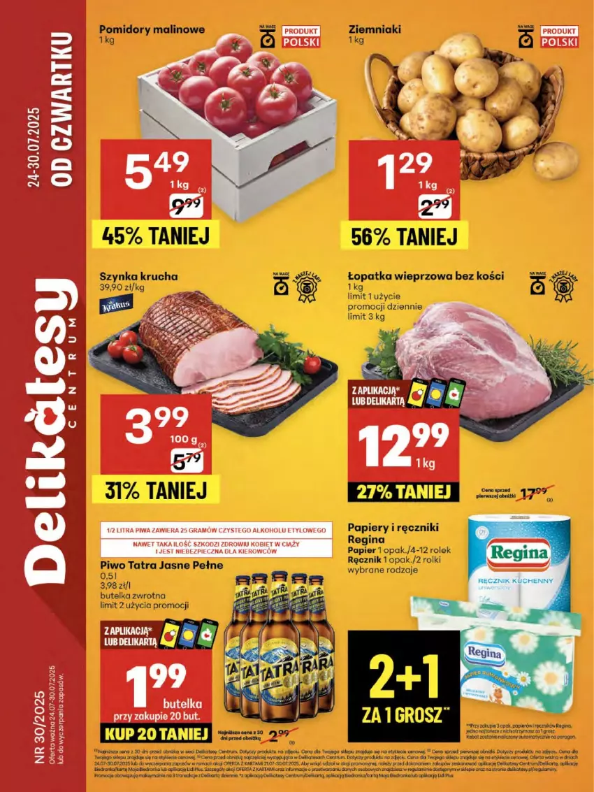 Gazetka promocyjna Delikatesy Centrum - Franczyza DC30 Czwartek - ważna 24.07 do 30.07.2025 - strona 1 - produkty: Fa, Gin, Koc, Orka, Papier, Piec, Piwo, Pomidory, Ręcznik, Rum, Szynka, Tatra, Tran, Ziemniaki