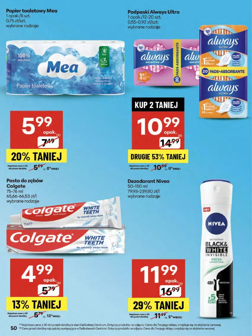 Gazetka promocyjna Delikatesy Centrum - Franczyza DC30 Czwartek - ważna 24.07 do 30.07.2025 - strona 50 - produkty: Always, Always Ultra, Colgate, Dezodorant, Lack, LG, Nivea, Papier, Papier toaletowy, Pasta do zębów, Podpaski, Rum