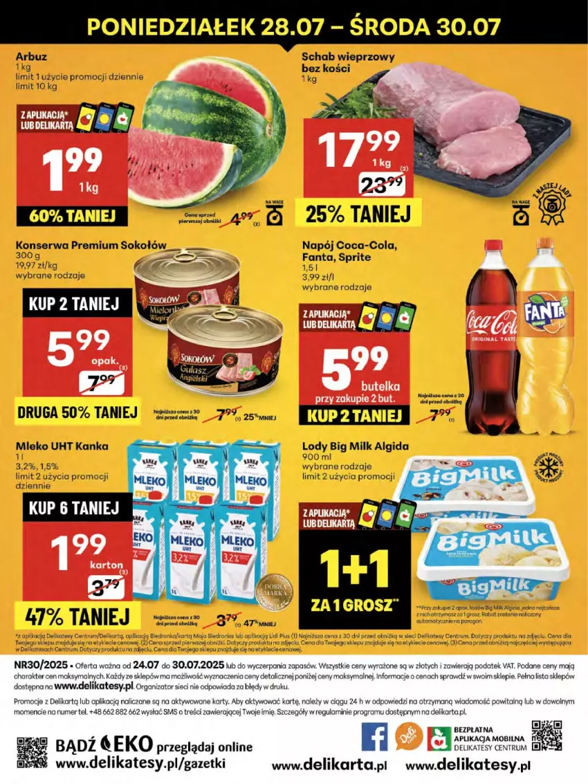 Gazetka promocyjna Delikatesy Centrum - Franczyza DC30 Czwartek - ważna 24.07 do 30.07.2025 - strona 52 - produkty: Algida, Arbuz, Big Milk, Coca-Cola, Dell, Fa, Fanta, Gra, LG, Lody, Mleko, Mobil, Napój, Por, Rum, Schab wieprzowy, Ser, Sok, Sokołów, Sprite