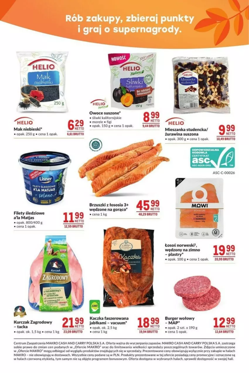 Gazetka promocyjna Makro - ważna 12.11 do 09.12.2024 - strona 9 - produkty: Brzuszki z łososia, Burger, Fa, Gra, Helio, Jabłka, Kaczka, Kaczka faszerowana, Kurczak, Matjas, Mieszanka studencka, Owoce, Owoce suszone, Piast, Rum, Sos