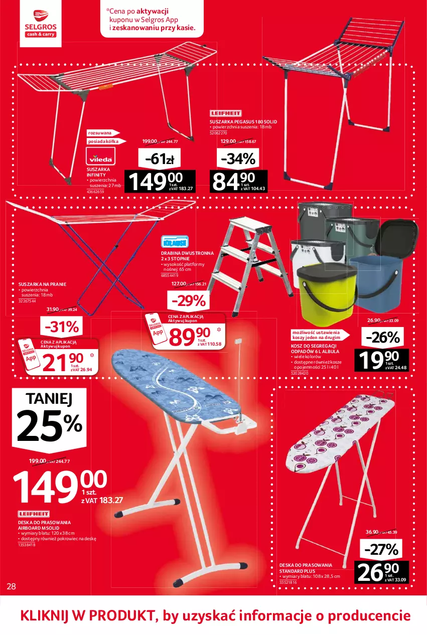 Gazetka promocyjna Selgros - Oferta przemysłowa - ważna 10.06 do 23.06.2021 - strona 28 - produkty: Asus, Deska do prasowania, Drabina, Kosz, LG, Pokrowiec, Pokrowiec na deskę, Sok, Suszarka, Suszarka na pranie, Top