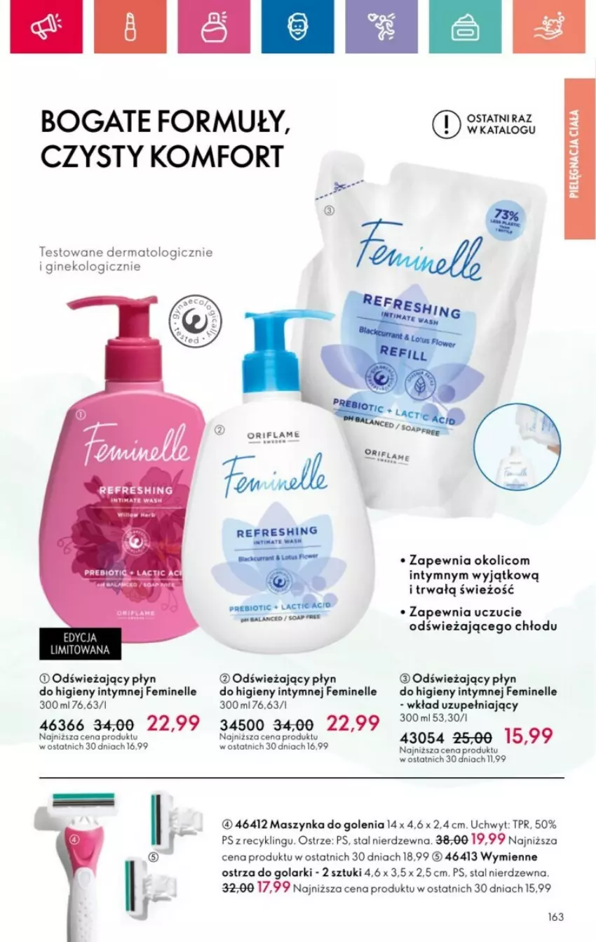 Gazetka promocyjna Oriflame - ważna 01.12 do 28.12.2024 - strona 72 - produkty: Feminelle, Gin, Maszynka, Maszynka do golenia, Oriflame, Płyn do higieny intymnej, Szynka