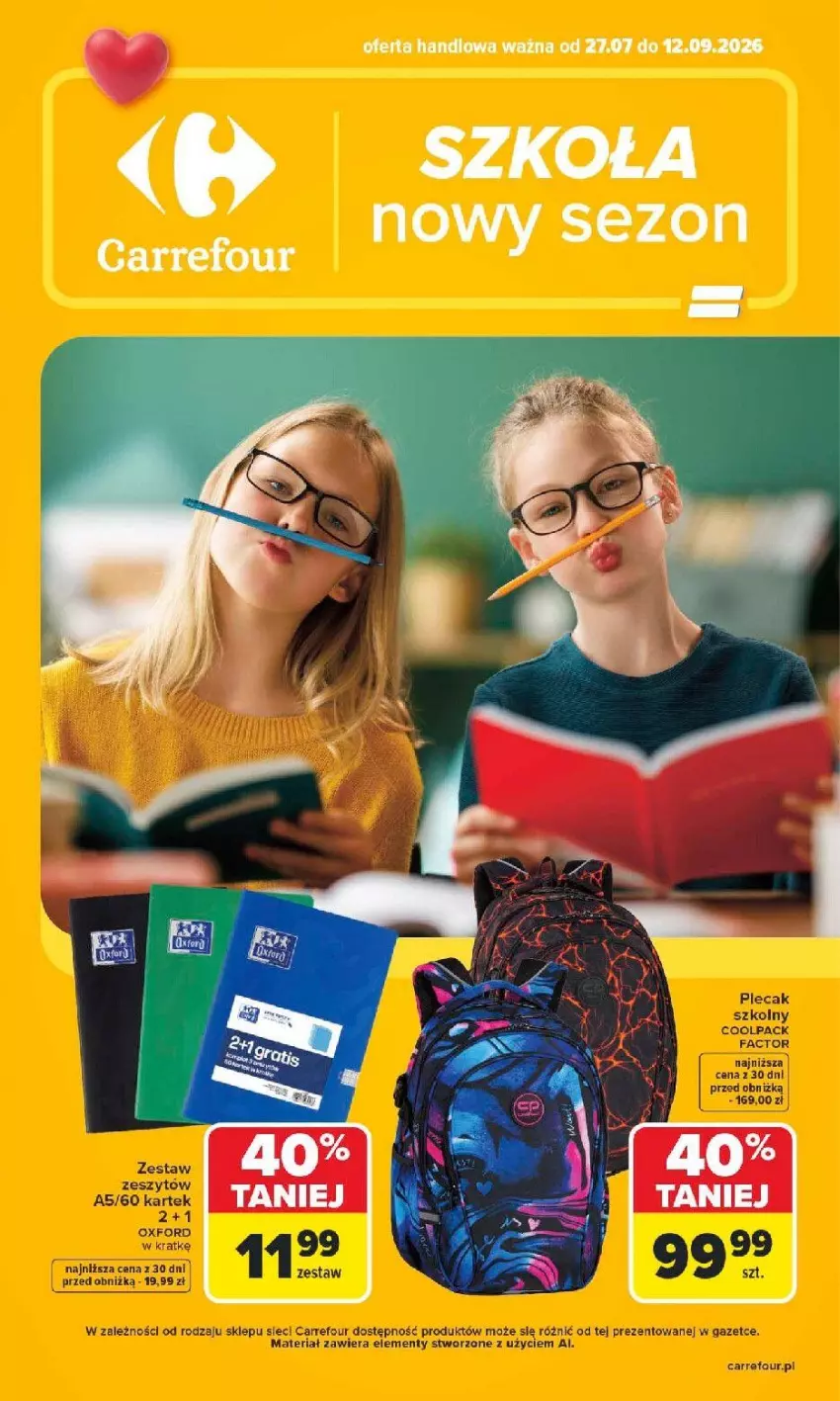 Gazetka promocyjna Carrefour - Gazetka Carrefour SZKOŁA nowy sezon - ważna 27.07 do 12.09.2026 - strona 1 - produkty: Fa, Plecak