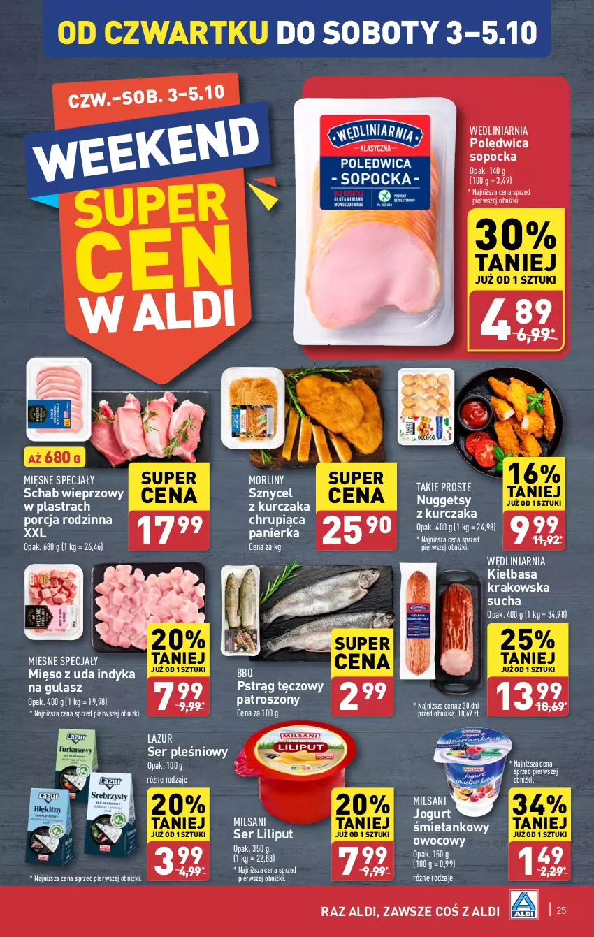 Gazetka promocyjna Aldi - Pełna oferta - ważna 30.09 do 05.10.2024 - strona 25 - produkty: Jogurt, Kiełbasa, Kiełbasa krakowska, Kurczak, Lazur, Mięsne specjały, Mięso, Morliny, Polędwica, Por, Pstrąg, Pstrąg tęczowy, Schab wieprzowy, Ser, Ser pleśniowy