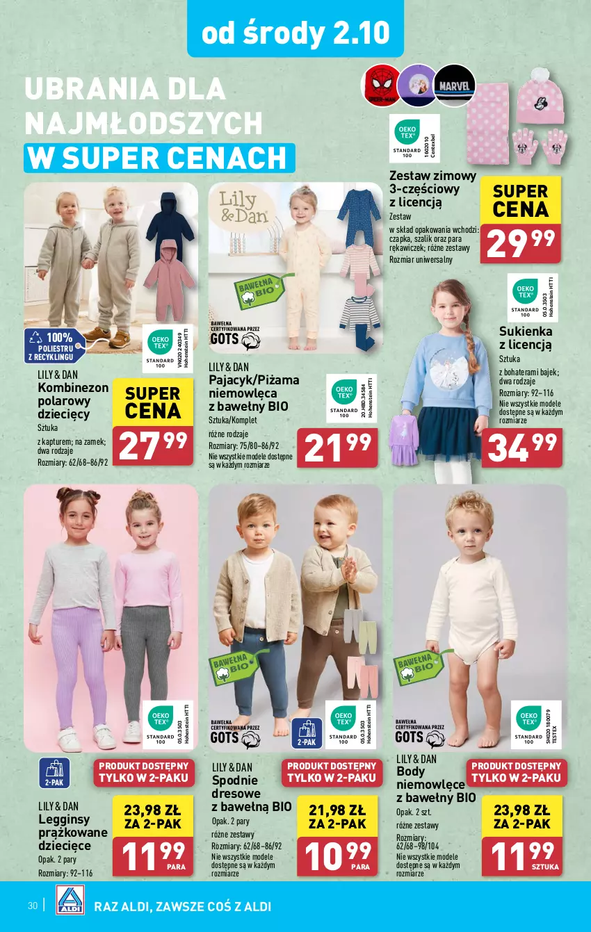 Gazetka promocyjna Aldi - Pełna oferta - ważna 30.09 do 05.10.2024 - strona 30 - produkty: Body, Czapka, Dres, Dzieci, Gin, Kombinezon, Legginsy, Pajac, Piżama, Spodnie, Spodnie dresowe, Sukienka, Szal, Tera, Ubrania