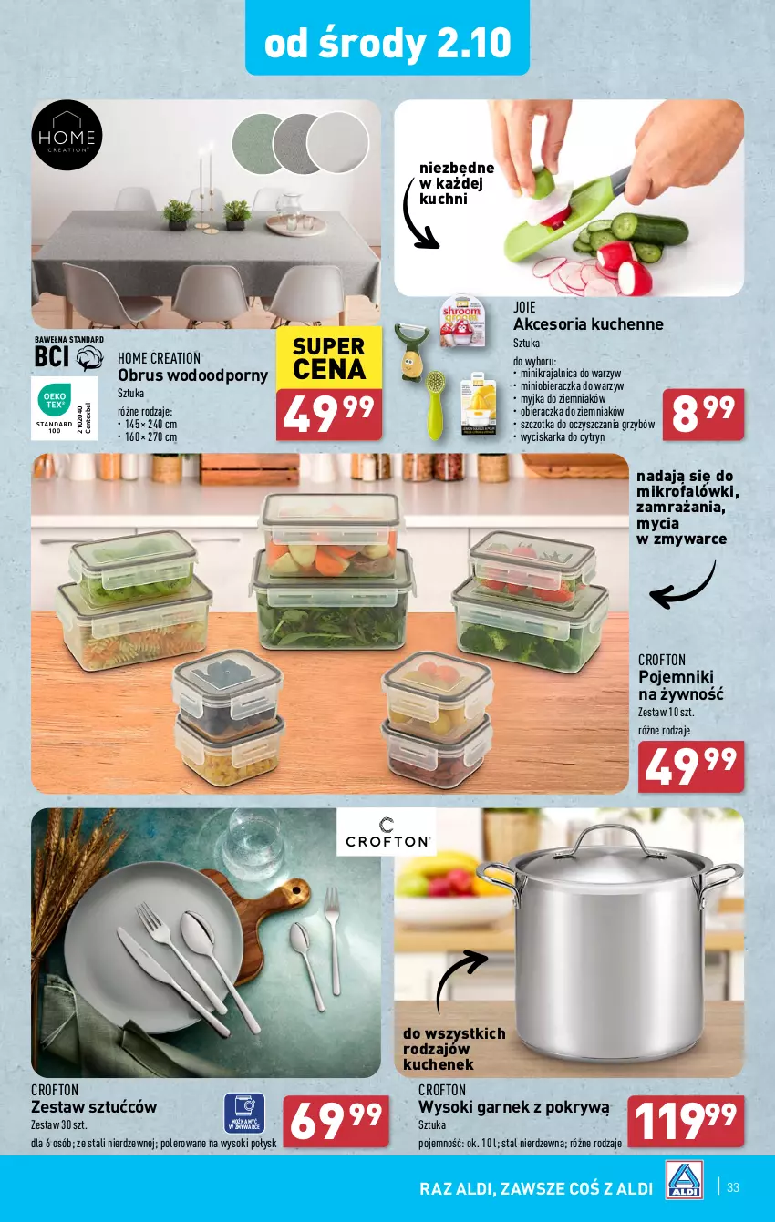 Gazetka promocyjna Aldi - Pełna oferta - ważna 30.09 do 05.10.2024 - strona 33 - produkty: Fa, Garnek, Garnek z pokrywą, Obieraczka, Obrus, Pojemnik, Por, Sok, Szczotka, Wyciskarka, Zestaw sztućców