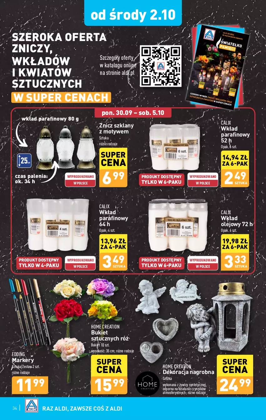 Gazetka promocyjna Aldi - Pełna oferta - ważna 30.09 do 05.10.2024 - strona 34 - produkty: Bukiet, Marker, Olej, Por, Sok, Wkład olejowy, Znicz