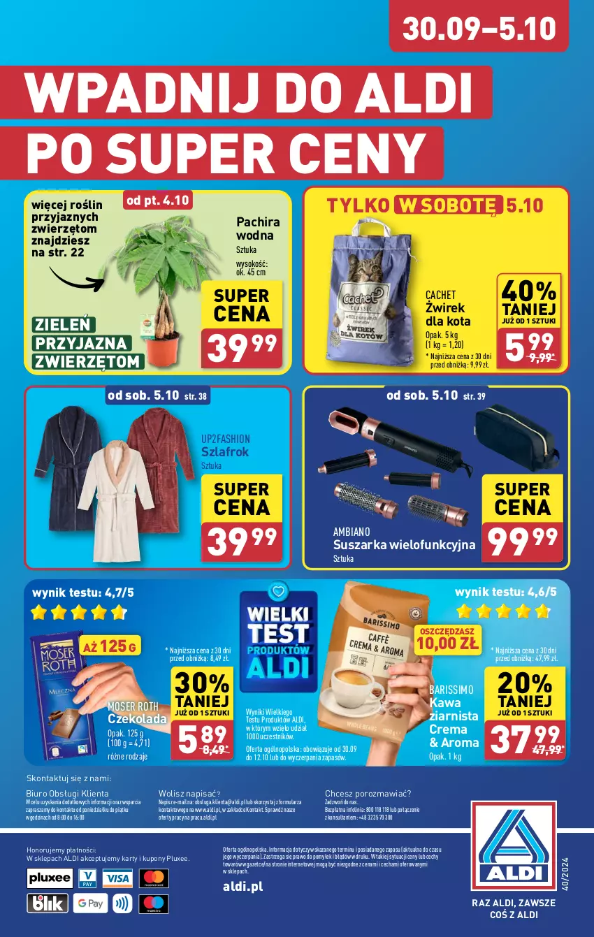 Gazetka promocyjna Aldi - Pełna oferta - ważna 30.09 do 05.10.2024 - strona 40 - produkty: Biuro, Czekolada, Fa, Kawa, Kawa ziarnista, Moser Roth, O nas, Por, Ser, Sok, Suszarka, Szlafrok