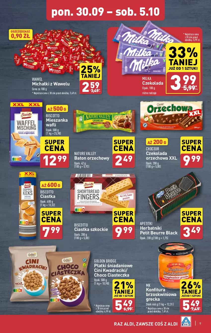 Gazetka promocyjna Aldi - Pełna oferta - ważna 30.09 do 05.10.2024 - strona 9 - produkty: Baton, Ciastka, Czekolada, Czekolada orzechowa, Danio, Herbatniki, Herbatniki Petit Beurre, Koc, Konfitura, Lack, Michałki, Milka, Wawel