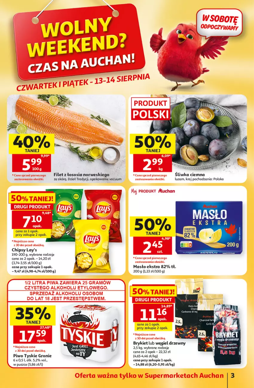 Gazetka promocyjna Auchan - 30 Lat Supermarket - ważna 13.08 do 19.08.2026 - strona 3 - produkty: Chipsy, Masło, Piwo, Sos, Tyskie, Węgiel drzewny