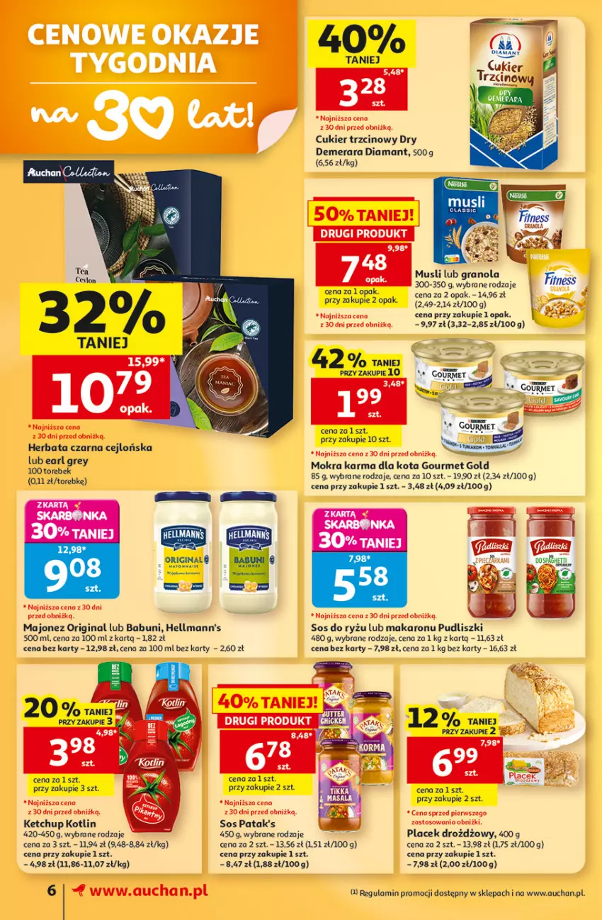 Gazetka promocyjna Auchan - 30 Lat Supermarket - ważna 13.08 do 19.08.2026 - strona 6 - produkty: Babuni, Cukier, Cukier trzcinowy, Diamant, Earl Grey, Gin, Gourmet Gold, Gra, Granola, Herbata, Herbata czarna, Ketchup, Kotlin, LG, Majonez, Makaron, Mokra karma, Mus, Patak's, Pudliszki, Ryż, Sos