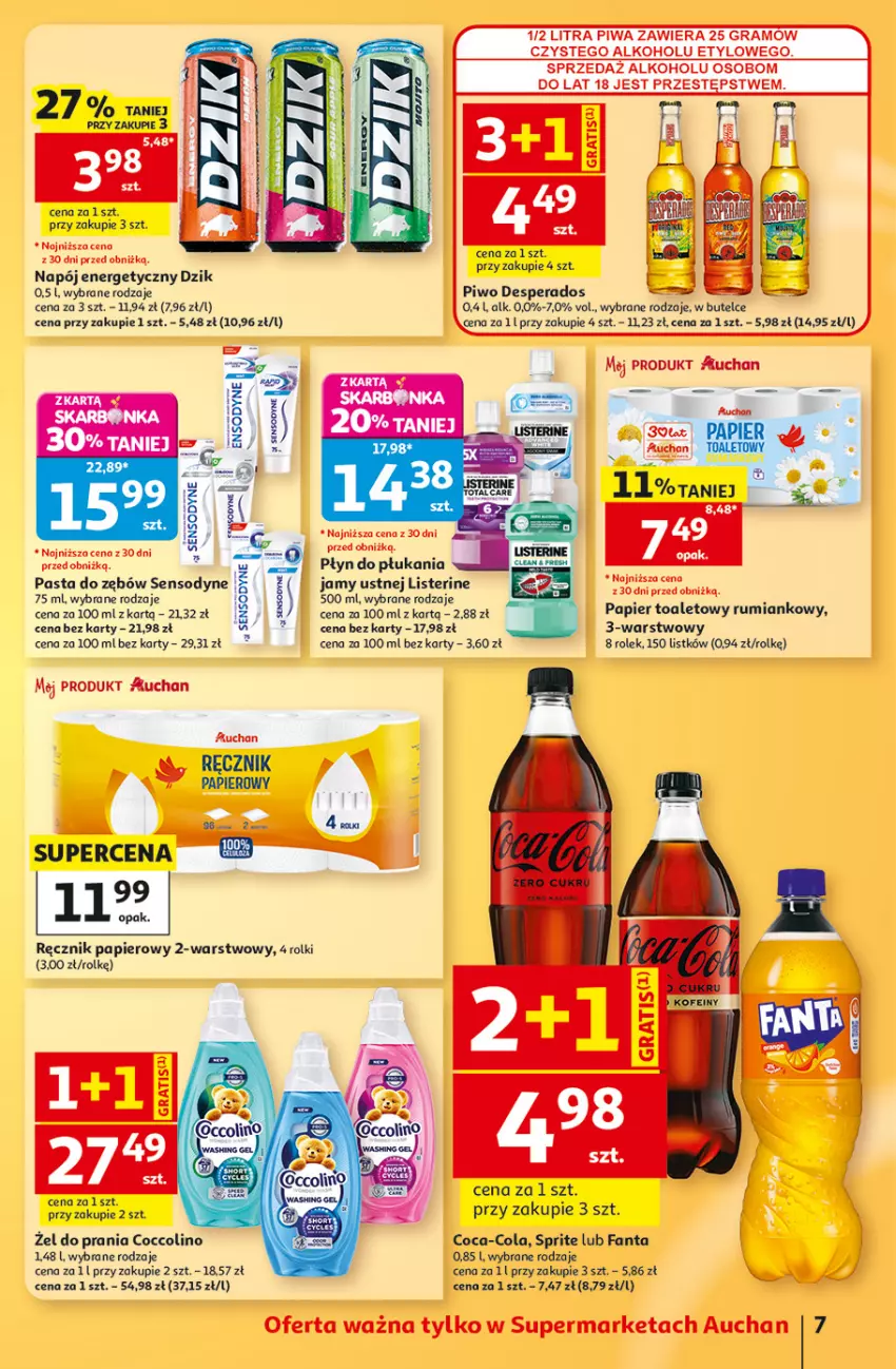 Gazetka promocyjna Auchan - 30 Lat Supermarket - ważna 13.08 do 19.08.2026 - strona 7 - produkty: Coca-Cola, Coccolino, Desperados, Fa, Fanta, Gra, Listerine, Napój, Napój energetyczny, Papier, Papier toaletowy, Pasta do zębów, Piwa, Piwo, Płyn do płukania, Por, Ręcznik, Rolki, Rum, Sensodyne, Sprite