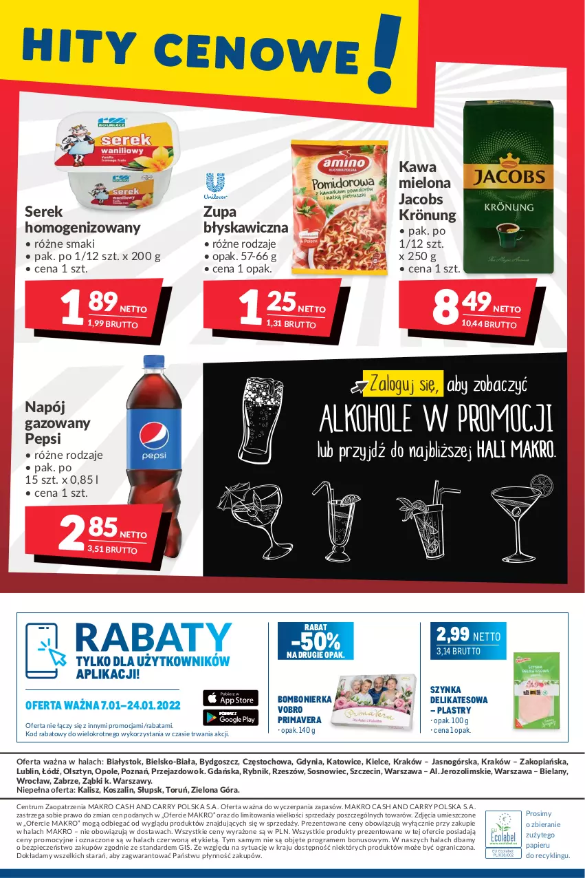 Gazetka promocyjna Makro - [Oferta promocyjna] Artykuły spożywcze i przemysłowe - ważna 07.01 do 24.01.2022 - strona 20 - produkty: Gra, Jacobs, Jacobs Krönung, Kawa, Kawa mielona, Kosz, Napój, Napój gazowany, Papier, Pepsi, Piec, Prima, Primavera, Rum, Ser, Serek, Serek homogenizowany, Sos, Szal, Szynka, Szynka delikatesowa, Zupa