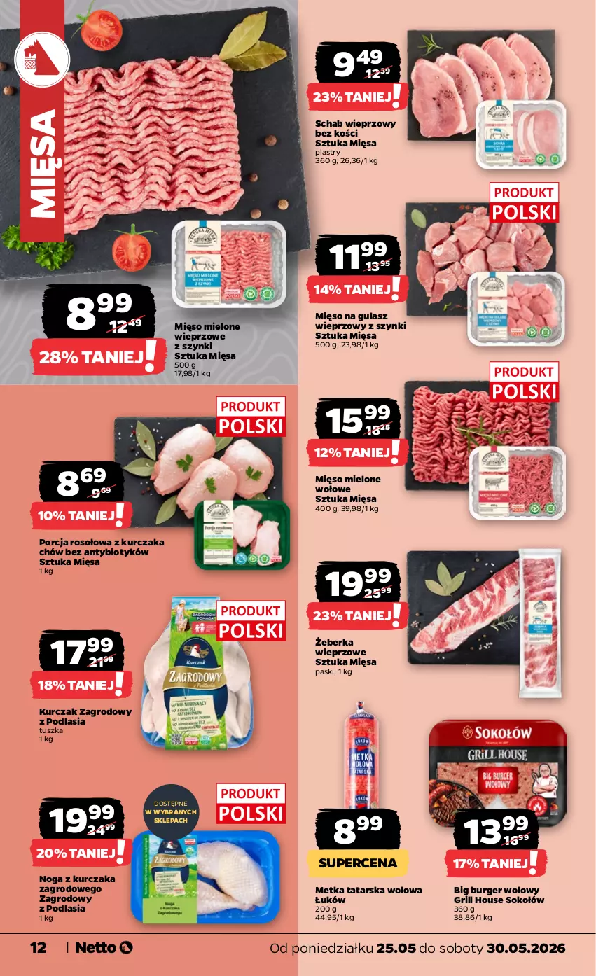 Gazetka promocyjna Netto - Od Poniedziałku - ważna 25.05 do 30.05.2026 - strona 12 - produkty: Burger, Grill, Kurczak, Metka tatarska, Mięso, Mięso mielone, Mięso na gulasz, Por, Schab wieprzowy, Sok, Sokołów, Tusz