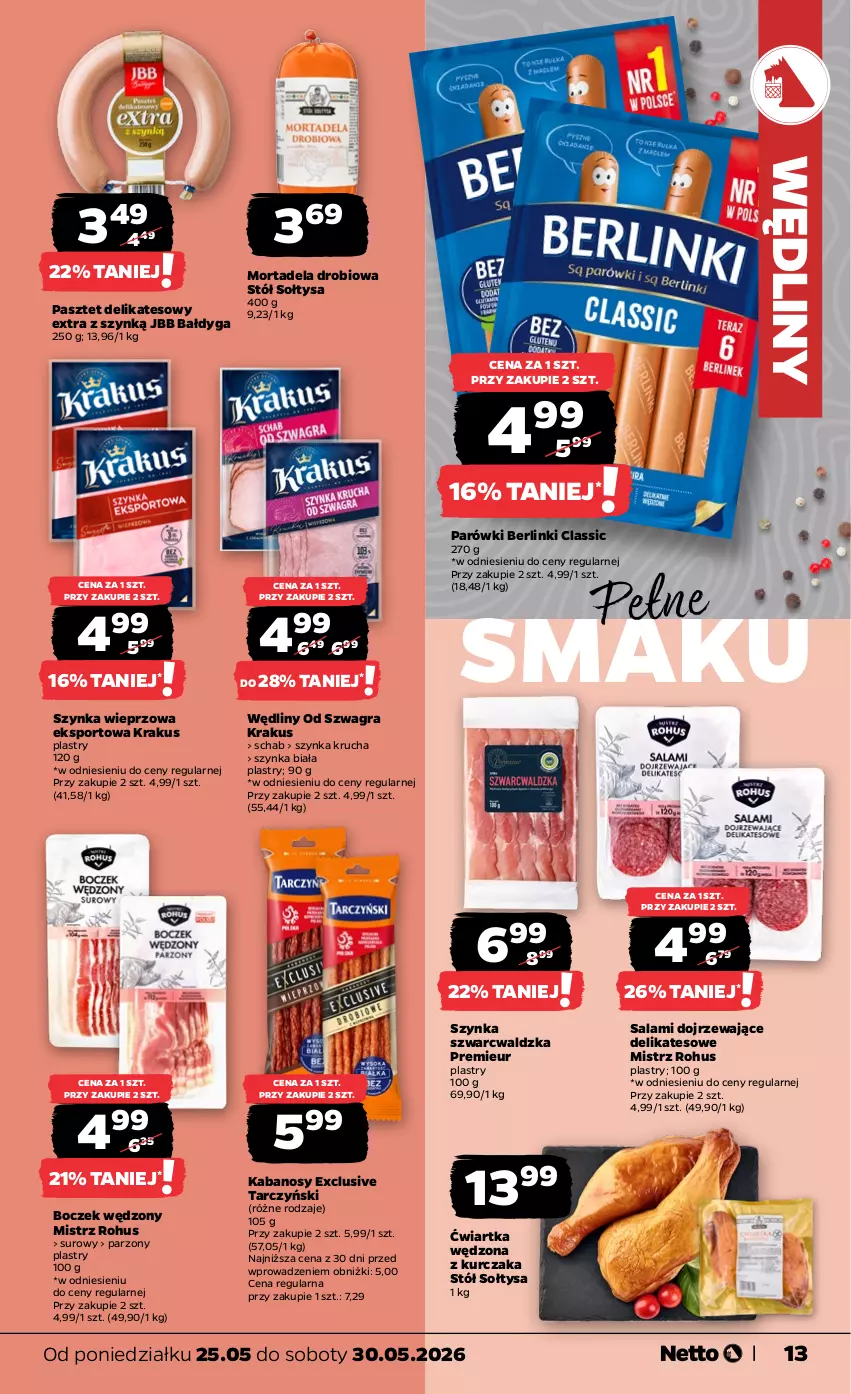 Gazetka promocyjna Netto - Od Poniedziałku - ważna 25.05 do 30.05.2026 - strona 13 - produkty: Berlinki, Boczek, Gra, Kabanos, Krakus, Kurczak, Parówki, Pasztet, Por, Salami, Sport, Stół, Szynka, Szynka biała, Szynka wieprzowa, Tarczyński