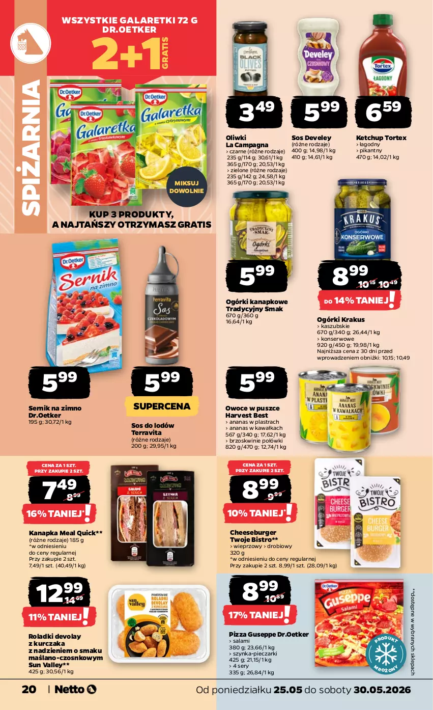 Gazetka promocyjna Netto - Od Poniedziałku - ważna 25.05 do 30.05.2026 - strona 20 - produkty: Ananas, Ananas w plastrach, Brzoskwinie, Burger, Gala, Galaretki, Gra, Kawa, Ketchup, Krakus, Kurczak, Oliwki, Owoce, Piec, Pizza, Salami, Ser, Sos, Szynka