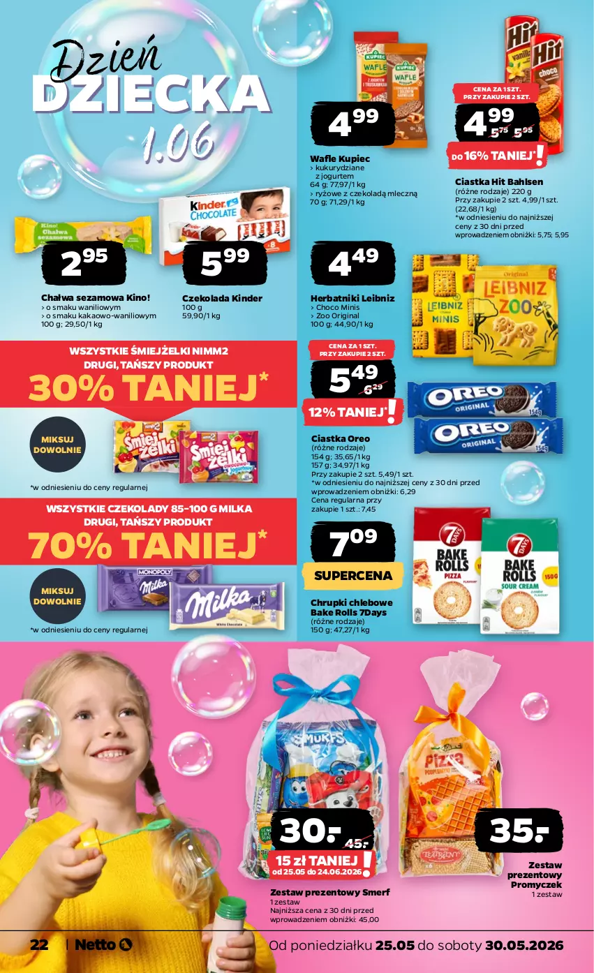 Gazetka promocyjna Netto - Od Poniedziałku - ważna 25.05 do 30.05.2026 - strona 22 - produkty: Bake Rolls, Chałwa, Chleb, Chrupki, Chrupki chlebowe, Ciastka, Czekolada, Gin, Herbatniki, Jogurt, Kakao, Kinder, Kupiec, Milka, Nimm2, Oreo, Piec, Ryż, Sezam, Wafle, Zestaw prezentowy