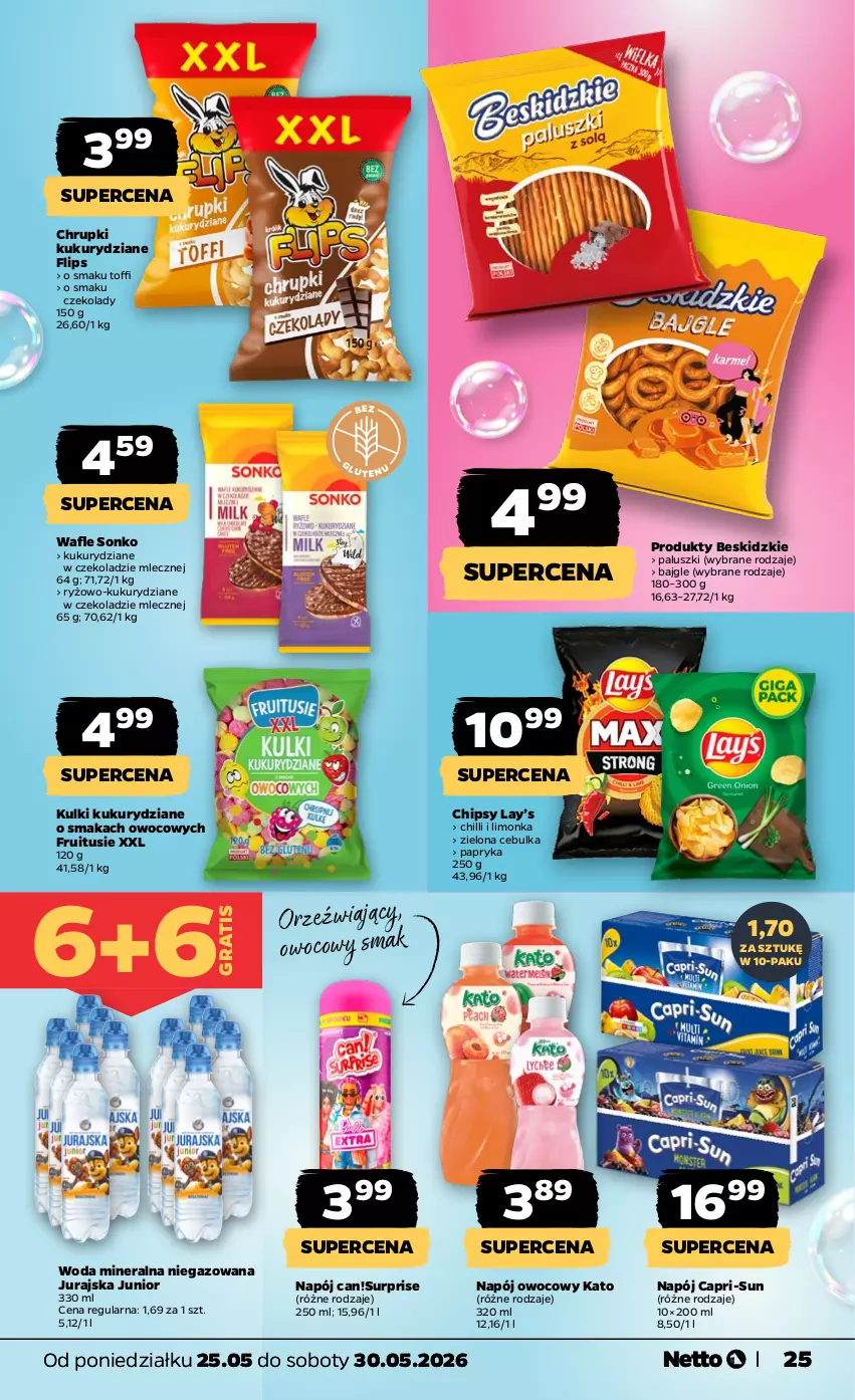 Gazetka promocyjna Netto - Od Poniedziałku - ważna 25.05 do 30.05.2026 - strona 25 - produkty: Bajgle, Beskidzki, Chipsy, Chrupki, Gra, Lay’s, Limonka, Napój, Papryka, Ryż, Sonko, Wafle, Woda, Woda mineralna