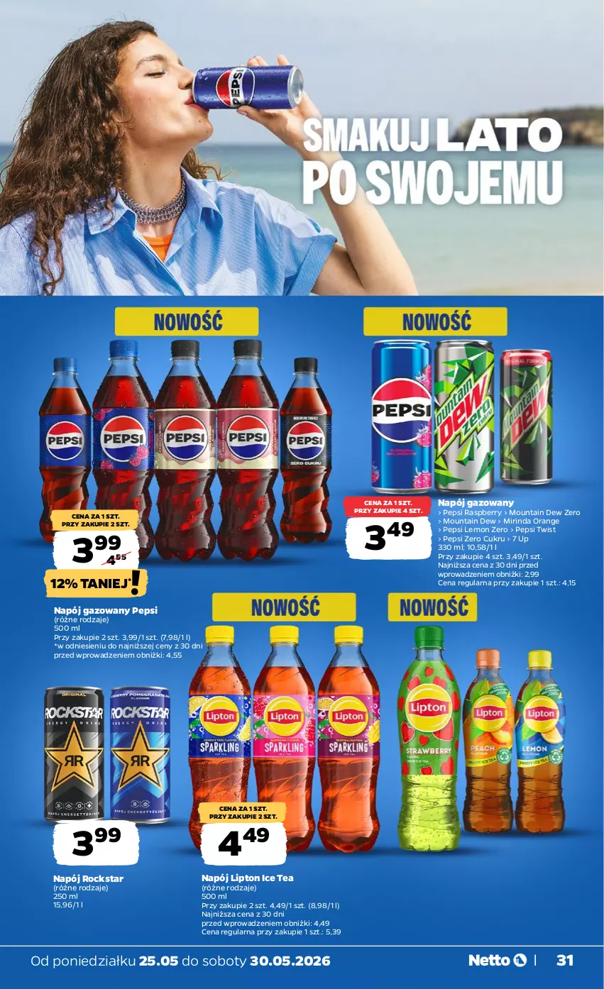 Gazetka promocyjna Netto - Od Poniedziałku - ważna 25.05 do 30.05.2026 - strona 31 - produkty: Ice tea, Lipton, Mirinda, Napój, Napój gazowany, Pepsi