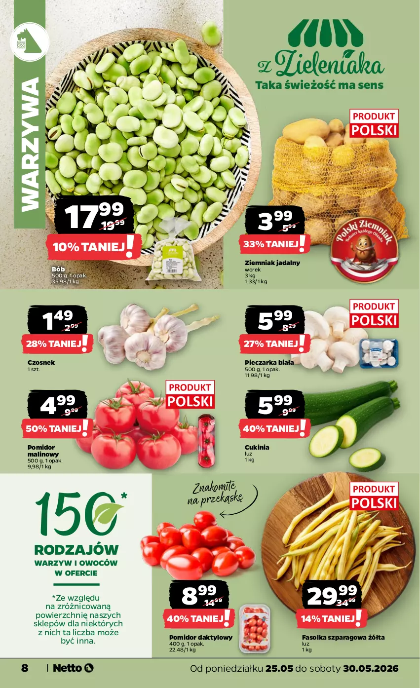 Gazetka promocyjna Netto - Od Poniedziałku - ważna 25.05 do 30.05.2026 - strona 8 - produkty: Czosnek, Fa, Piec, Pieczarka, Pomidor malinowy, Warzywa