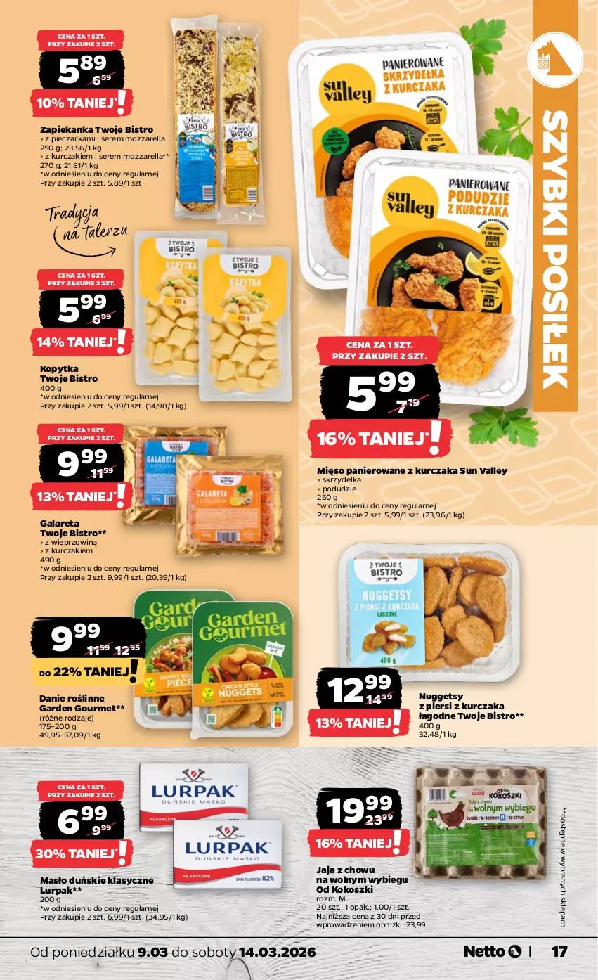 Gazetka promocyjna Netto - Od Poniedziałku - ważna 09.03 do 14.03.2026 - strona 17 - produkty: Gala, Jaja, Kokos, Kopytka, Kosz, Kurczak, Lurpak, Masło, Mięso, Mozzarella, Piec, Pieczarka, Ser, Talerz, Zapiekanka