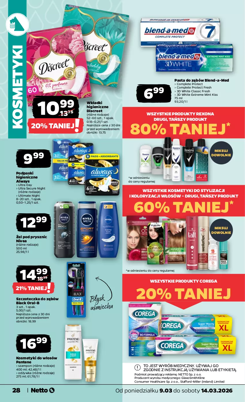 Gazetka promocyjna Netto - Od Poniedziałku - ważna 09.03 do 14.03.2026 - strona 28 - produkty: Always, Blend-a-Med, Corega, Discreet, Lack, Nivea, Odżywka, Pantene, Pasta do zębów, Podpaski, Rexona, Szampon, Szczoteczka, Szczoteczka do zębów, Wkładki