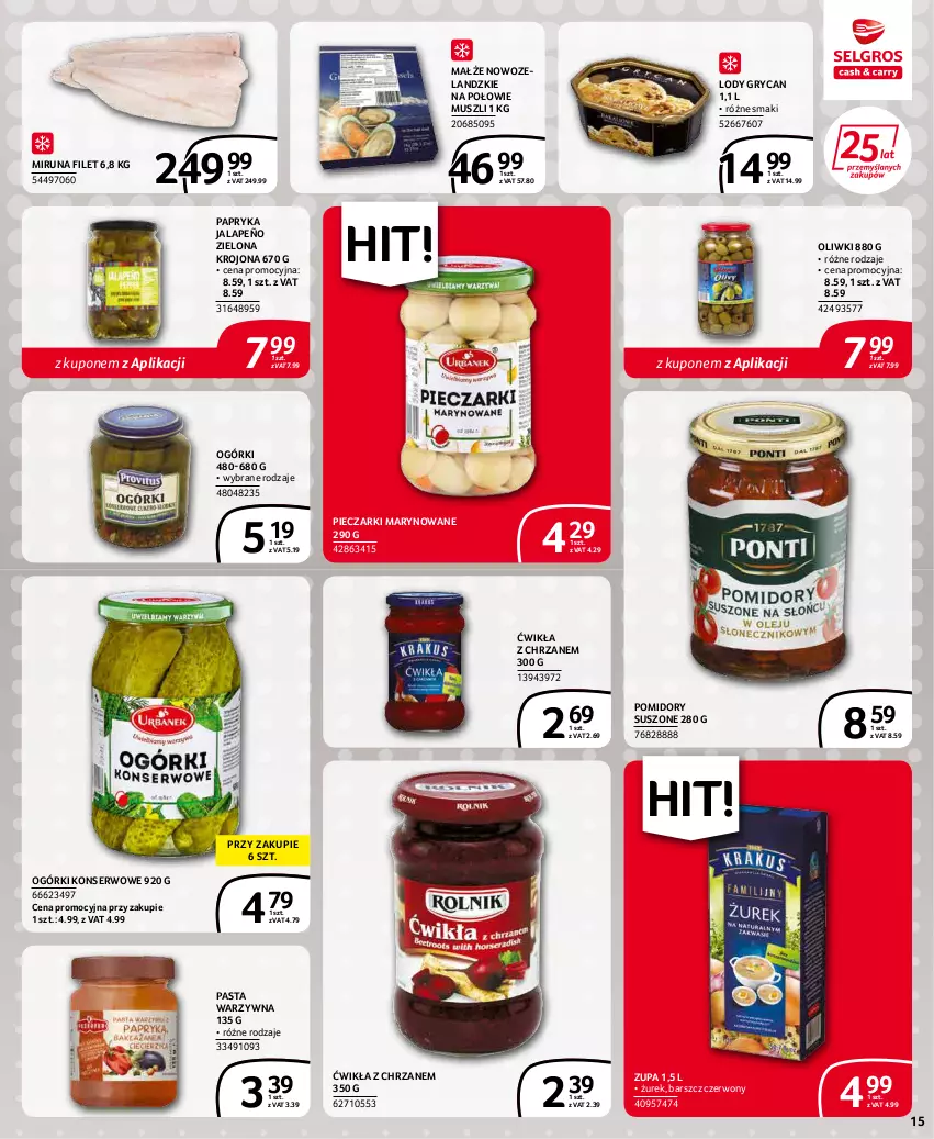 Gazetka promocyjna Selgros - Extra Oferta - ważna 01.03 do 31.03.2022 - strona 15 - produkty: Chrzan, Gry, Lody, Małże, Miruna, Mus, Ogórki konserwowe, Oliwki, Papryka, Papryka jalapeño, Pasta warzywna, Piec, Pomidory, Ser, Zupa