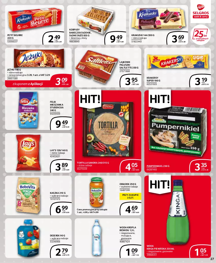 Gazetka promocyjna Selgros - Extra Oferta - ważna 01.03 do 31.03.2022 - strona 27 - produkty: Deser, Felix, Jeżyki, Korpusy, Krakersy, Krakus, Krakuski, Lajkonik, Lay’s, Mieszanka studencka, Mus, Ser, Serek, Tortilla, Woda