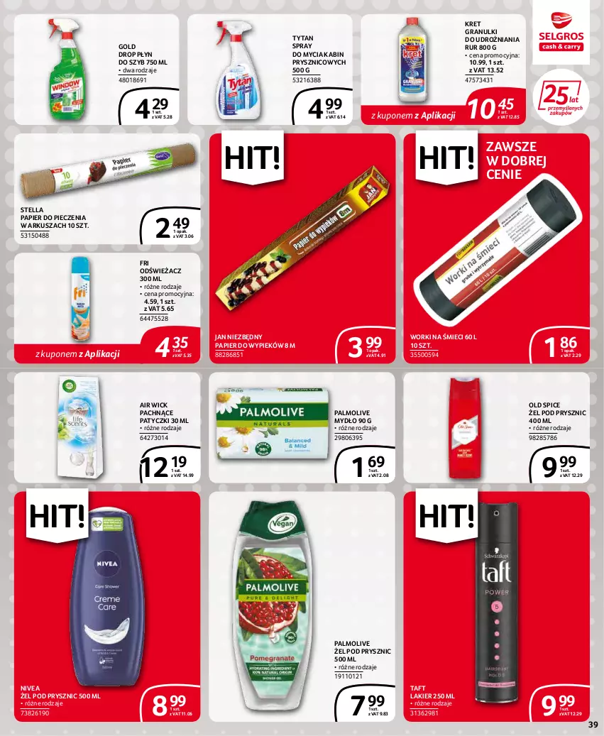 Gazetka promocyjna Selgros - Extra Oferta - ważna 01.03 do 31.03.2022 - strona 39 - produkty: Air Wick, Gra, Jan Niezbędny, Kret, Lakier, Mydło, Nivea, Old Spice, Palmolive, Papier, Papier do pieczenia, Piec, Płyn do szyb, Taft, Tytan, Worki na śmiec, Worki na śmieci