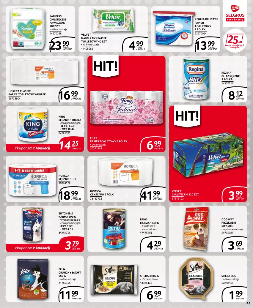 Gazetka promocyjna Selgros - Extra Oferta - ważna 01.03 do 31.03.2022 - strona 41 - produkty: Chusteczki, Felix, Foxy, Gin, Kurczak, Nawilżany papier, Pampers, Papier, Papier toaletowy, Ręcznik, Rolki, Sheba, Velvet