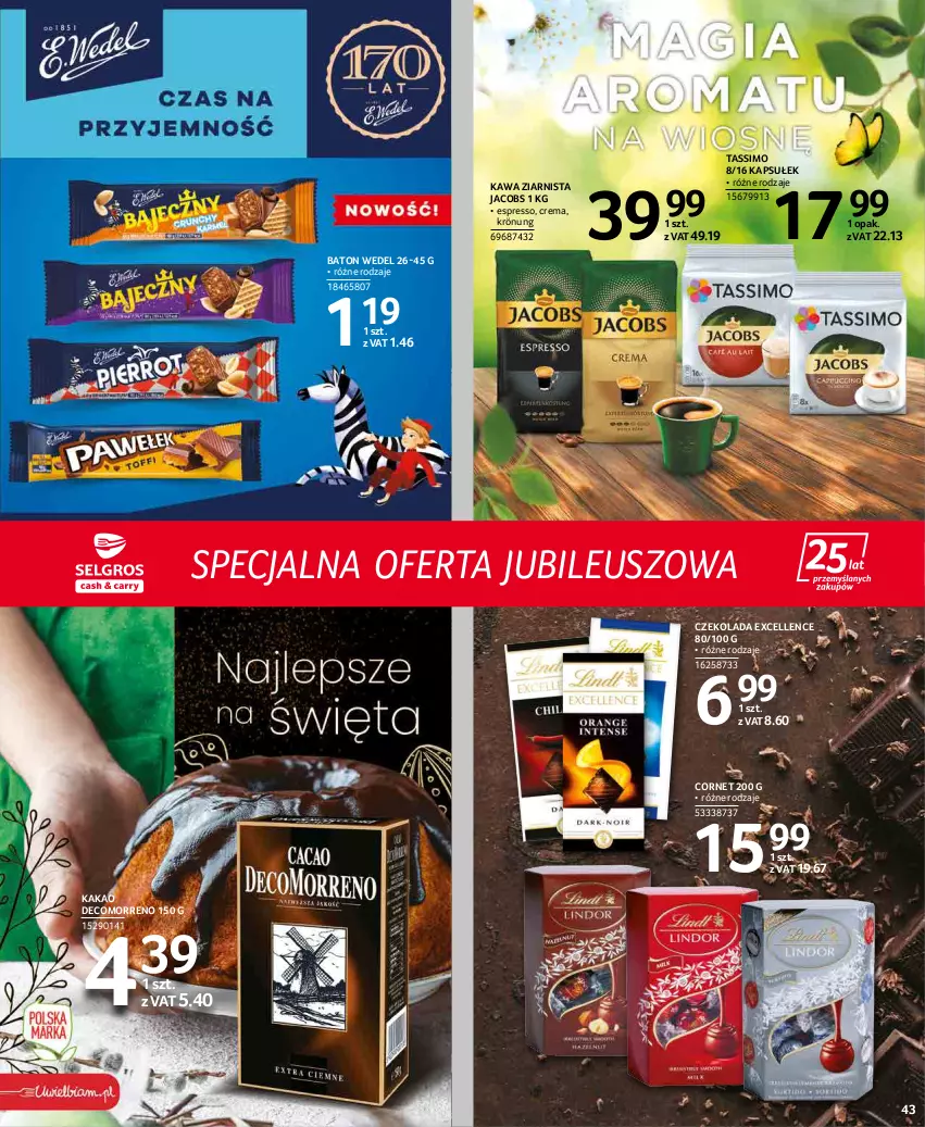 Gazetka promocyjna Selgros - Extra Oferta - ważna 01.03 do 31.03.2022 - strona 43 - produkty: Baton, Czekolada, Jacobs, Kakao, Kawa, Kawa ziarnista, Tassimo