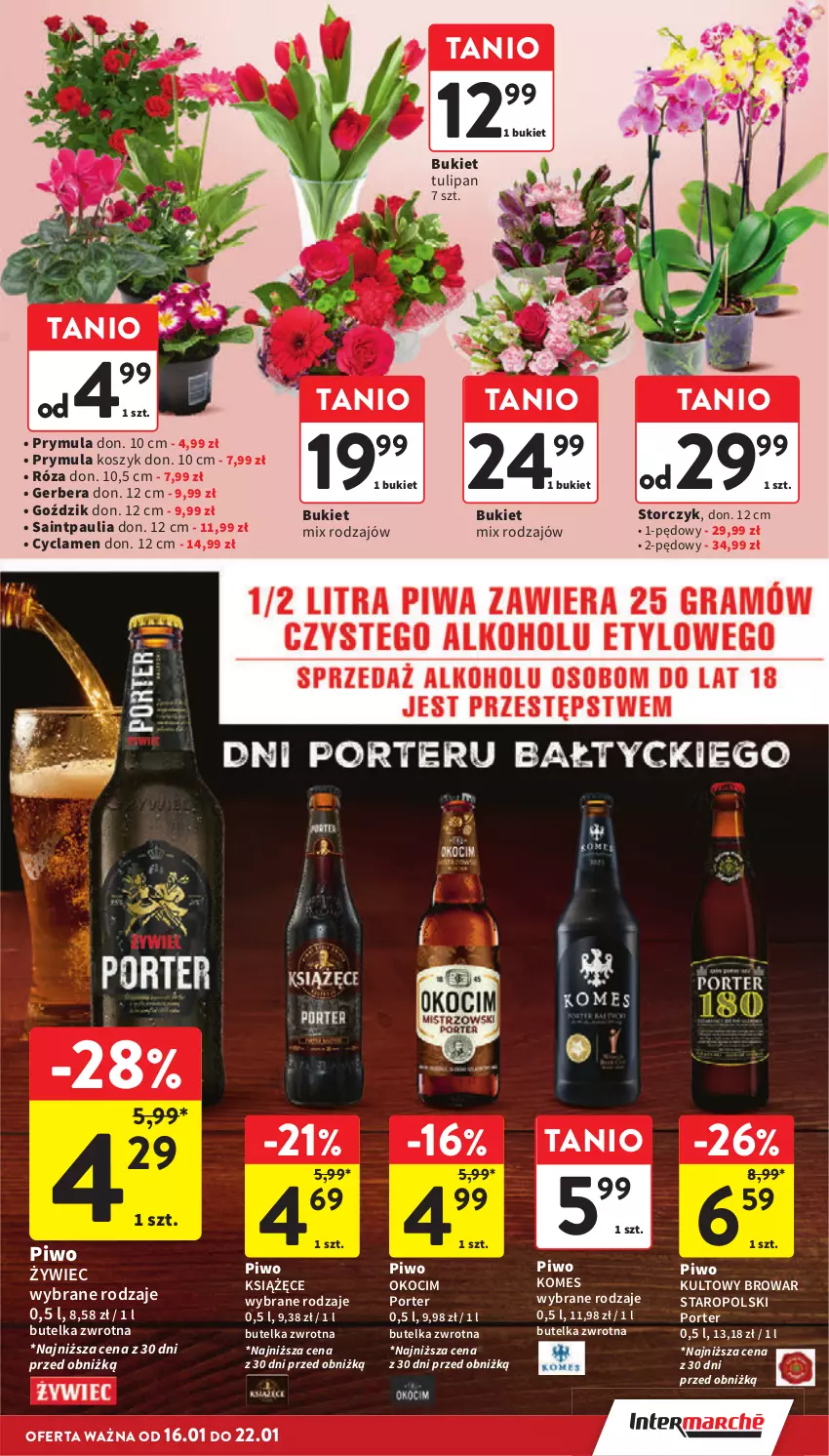 Gazetka promocyjna Intermarche - ważna 16.01 do 22.01.2025 - strona 11 - produkty: Bukiet, Gerber, Koc, Kosz, Książęce, Okocim, Piwo, Por, Prymula, Storczyk, Tulipan